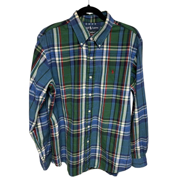 Ralph Lauren Men's Button Down Blue Green Red Plaid Cotton Shirt Size L‎ - Picture 1 of 5